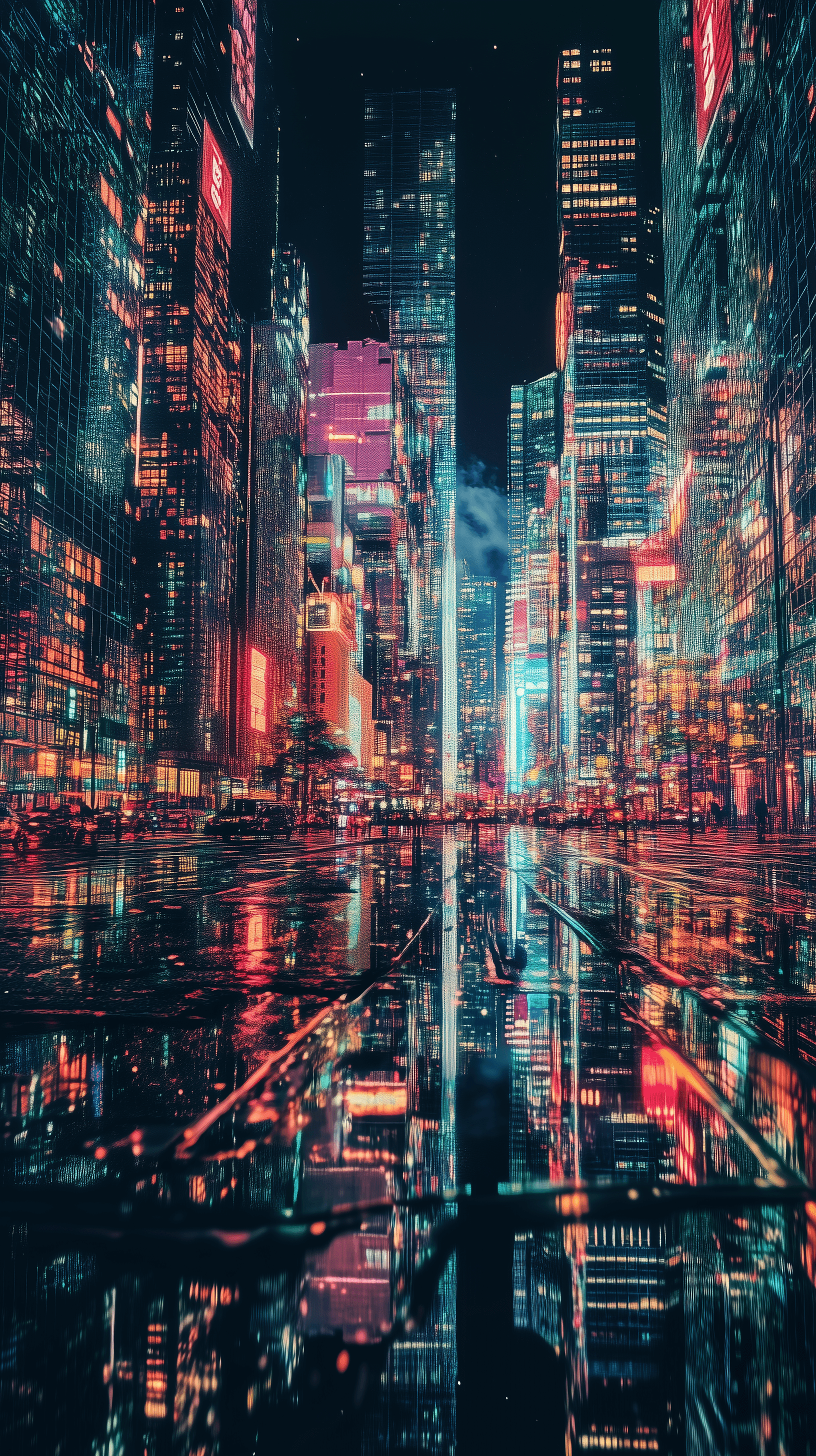 AI generated: surreal, reflective metropolis, colorful lights bounce off massive mirror facades, creating a hypnot...