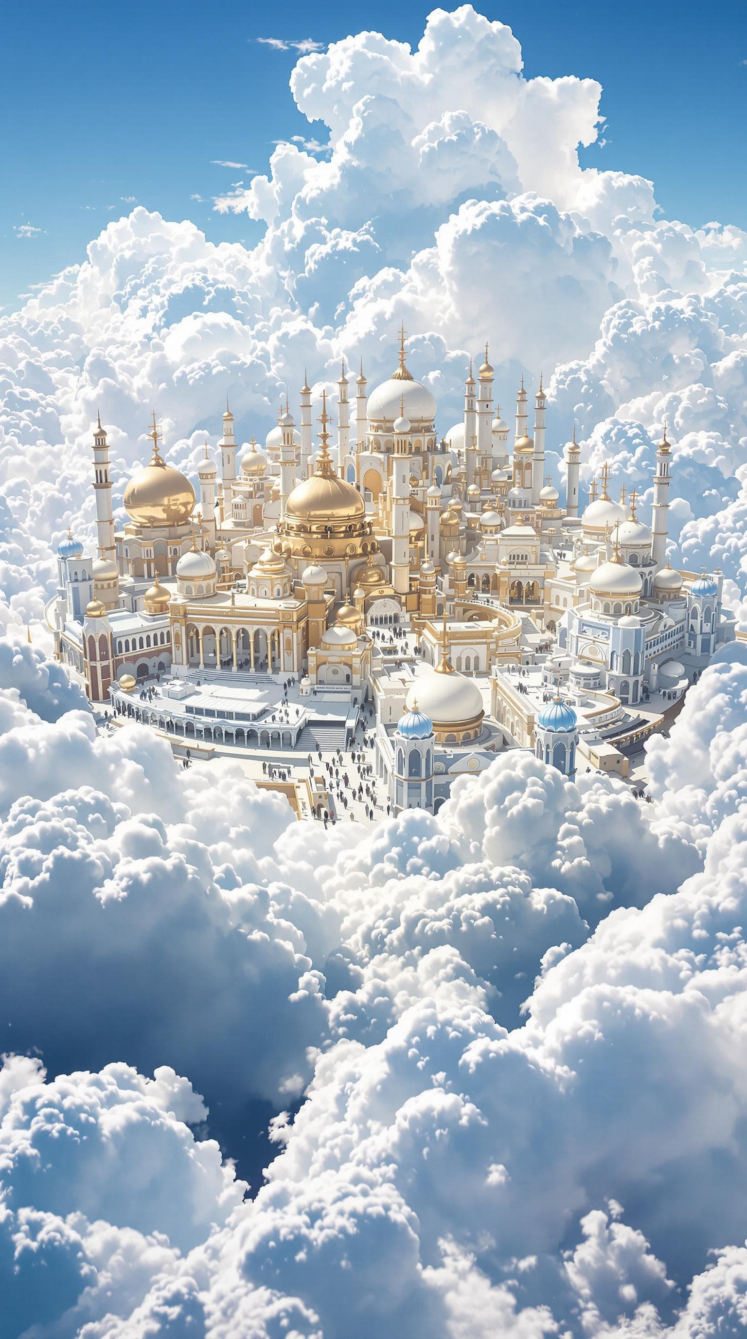 AI generated: The sky, a vast golden city in the distance, surrounded by bright white clouds. Many people walk thr...