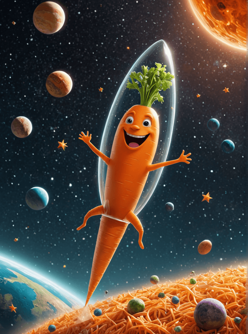 AI generated: a whimsical and humorous illustration of a laughing carrot flying through space in a glass rocket sh...