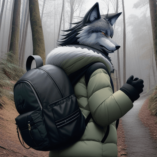 AI generated: furry, fursona, anthro, wolf male, anthropomorphic, clothed, puffy jacket, backpack, (subject on the...