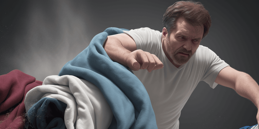 AI generated: A man throwing away a dirty polyester blanket, hd , 8k 