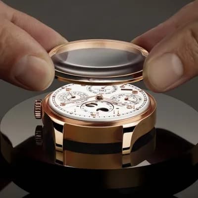 AI generated video: A luxury watch on a reflective black pedestal, gold case with a white dial featuring multiple chrono...