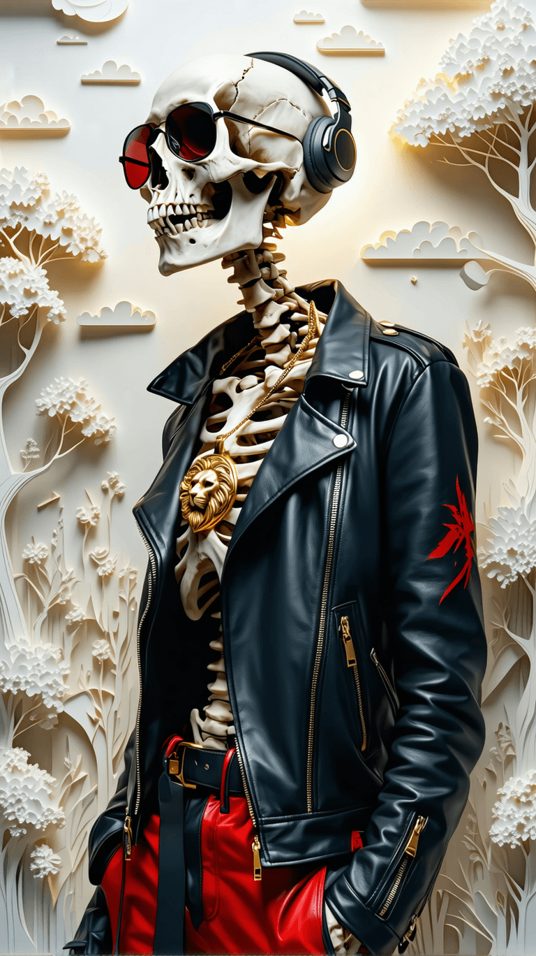 AI generated: A hyper-realistic skeleton in a black and red leather jacket with gold zippers, wearing oversized go...