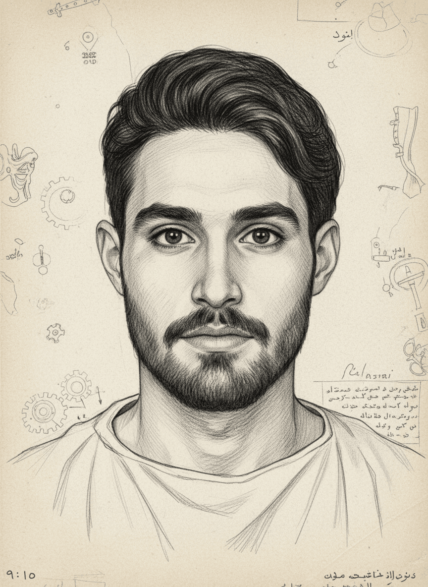 AI generated: young man with mustache and short hair, wearing white tunic, drawing in the style of Da Vinci, black...