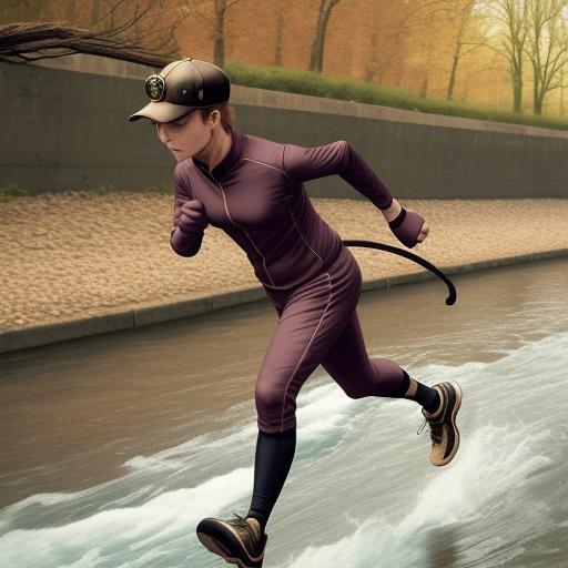 AI generated: a cat wearing a sport suit and a cap, jogging along a river, steampunk theme,