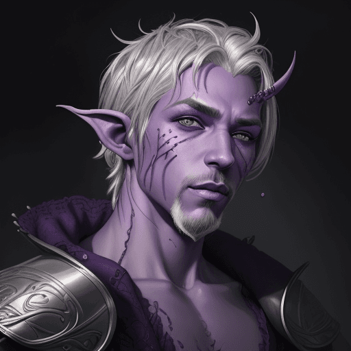 AI generated: An intricately detailed illustration of a purple skinned tiefling rogue with silver hair and a goate...