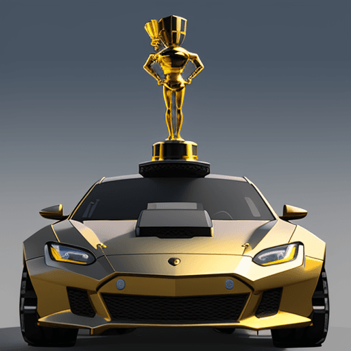 AI generated: Roblox avatar is holding a golden trophy while posing / sitting on top of the sports cars hood displ...