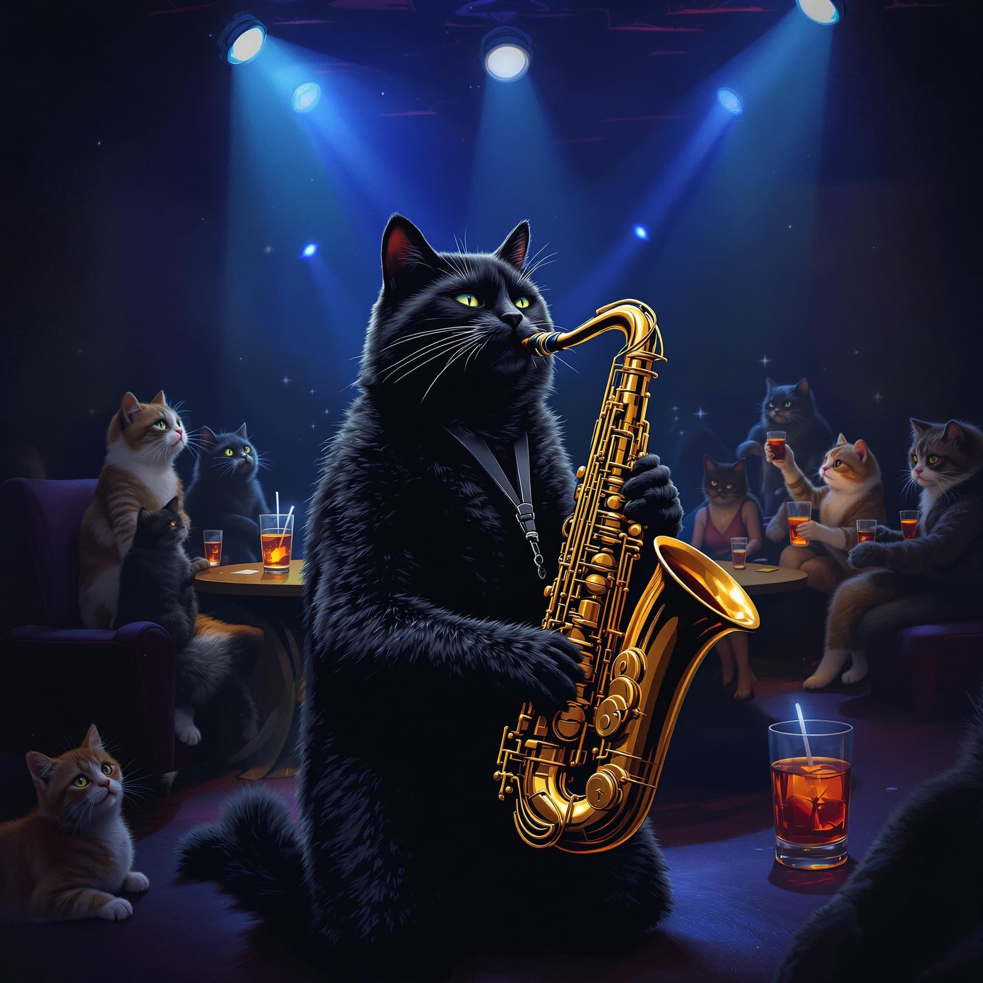 AI generated: Cool relaxed black cat playing a golden saxophone on a backstage in the background on a dimly lit ni...