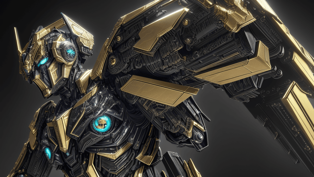 AI generated: Transformers, intricate details, metallic texture, black and gold mecha, dynamic posture, azure eyeb...