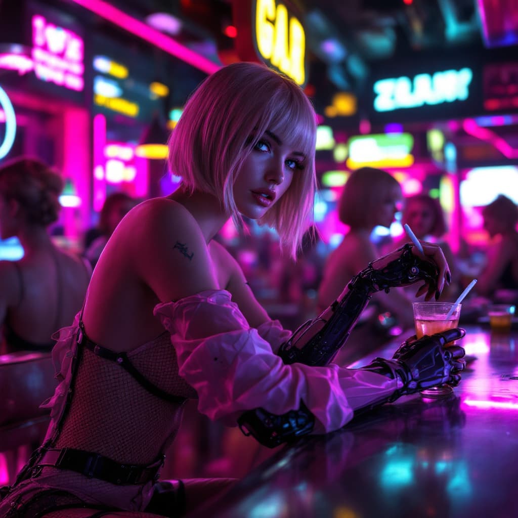 AI generated: Several beautiful women are sitting at the counter of a futuristic cyberpunk bar, wearing stylish cl...