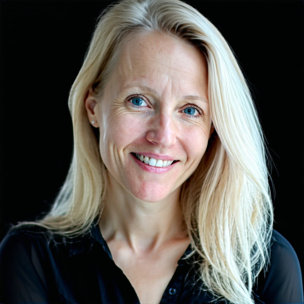 AI generated: belle femme blonde + yeux bleu glacier + léger sourire + léger sourire + regard innocent + lumière d...