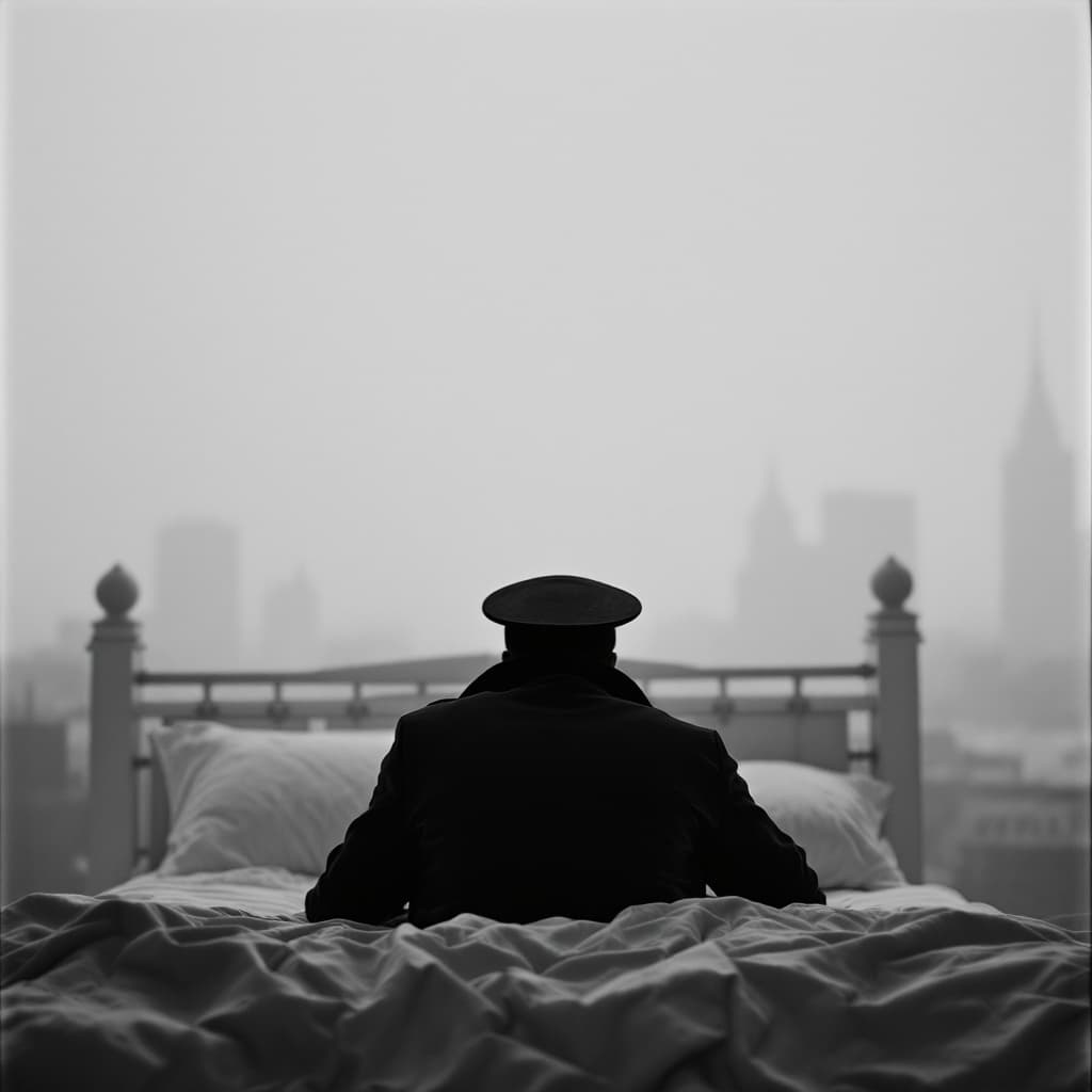 AI generated:  high definition black n white - camera shot from behind- man wearing black coat and  hat wakes up o...