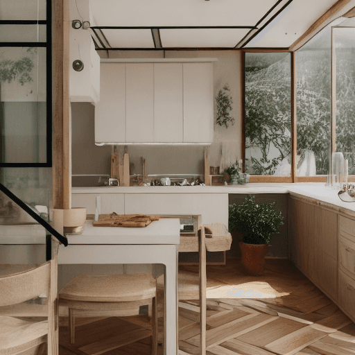AI generated: High resolution photography interior design, dreamy sunken kitchen, wooden floor, small windows open...