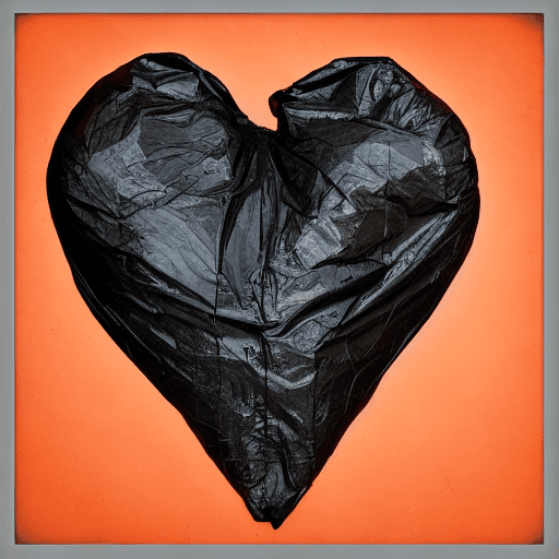 AI generated: A photograph of a black garbage bag shaped in an even simpler, more abstract form of an anatomical h...