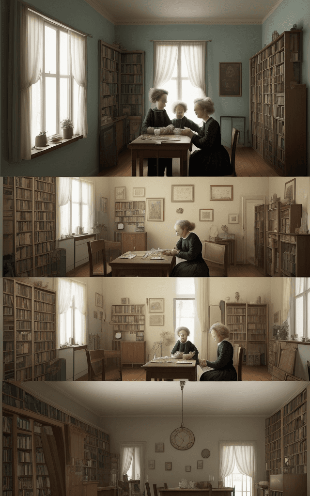 AI generated: Craft a poignant scene between Marie Curie and her sister, Bronislawa. Set it in their shared living...