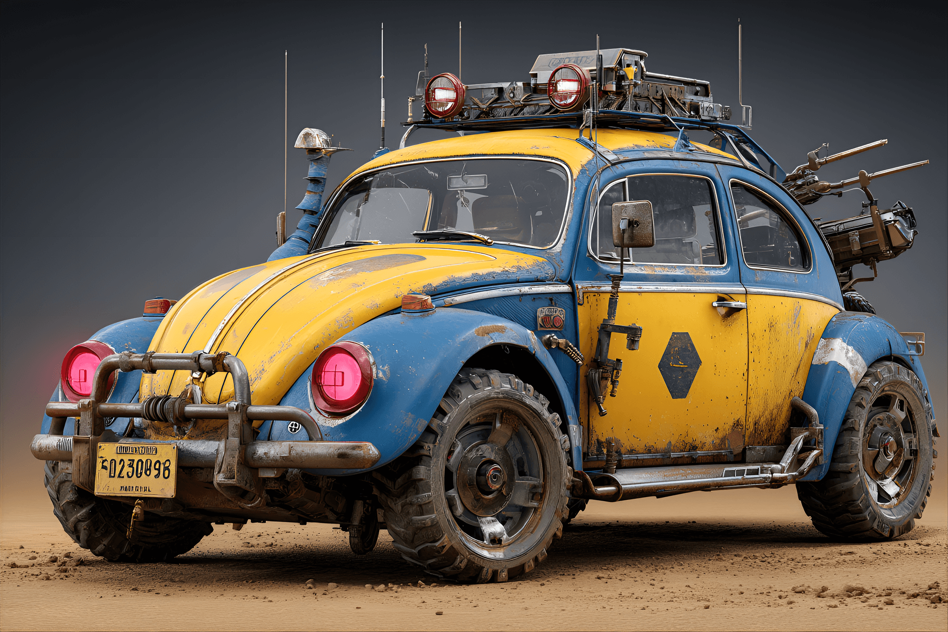 AI generated: Rusty, modified Volkswagen Beetle, front view, heavily customized post-apocalyptic car, vibrant yell...