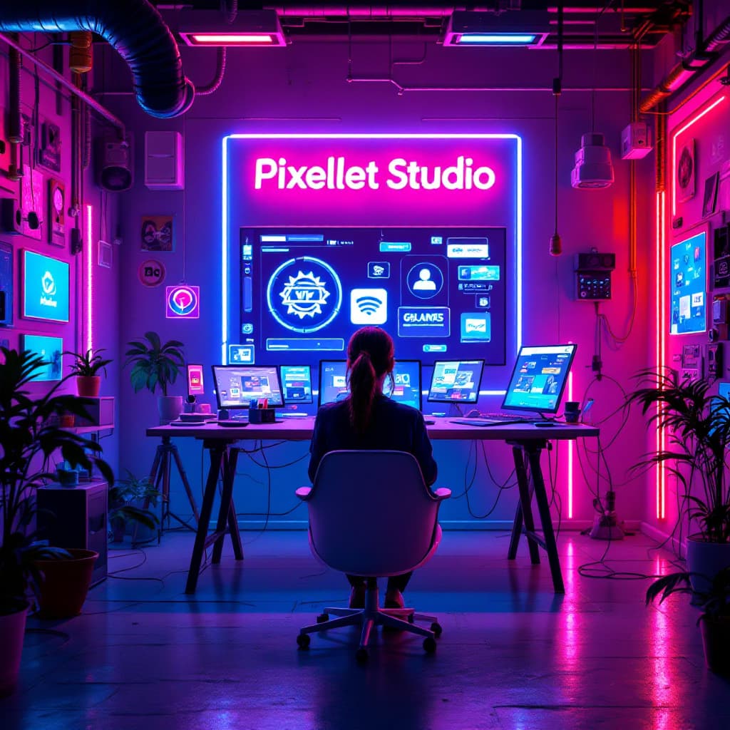 AI generated: Imagine a futuristic and vibrant graphic design studio in a cyberpunk style, filled with bright neon...