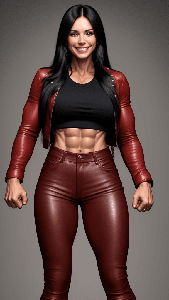 AI generated: 30 year old strong muscular woman, toned biceps, long black hair, wears red leather pants, wears red...