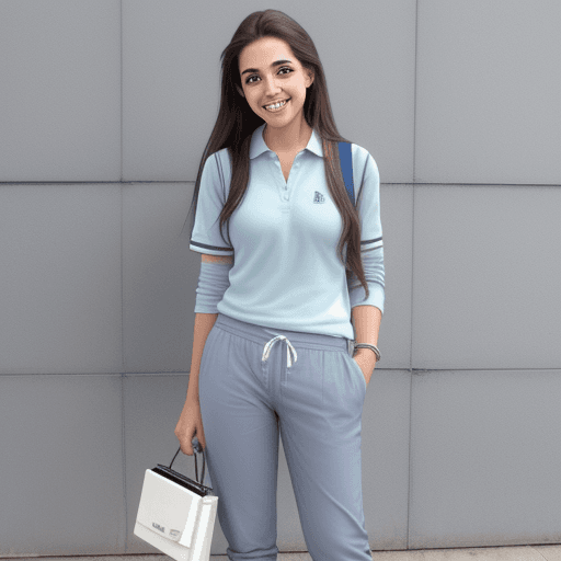 AI generated: Alumno feliz estudiando con polo gris y pantalón azul