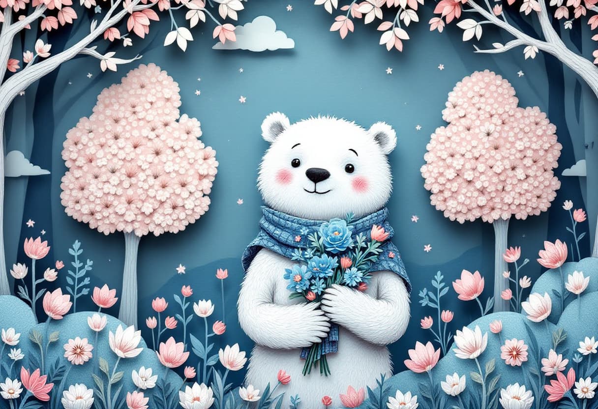 AI generated: A friendly white bear, collecting flowers, stands against a backdrop of paper-cut trees and patterne...