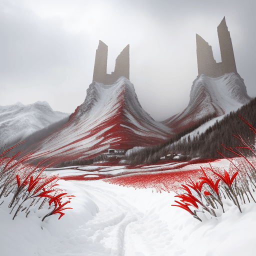 AI generated: Snow scenery with red lilies blossoming, snow road, cloudy, two crumbled towers in the distance