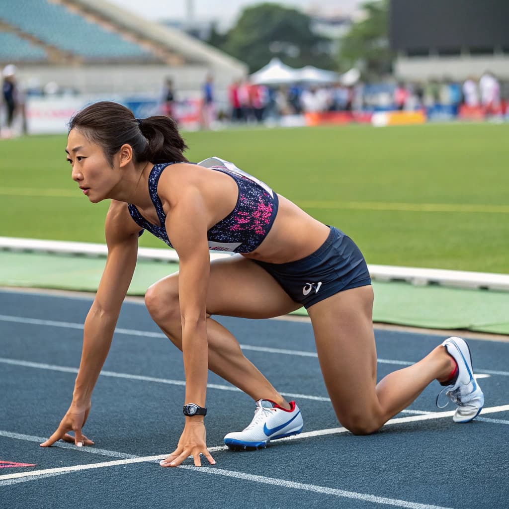 AI generated: super fit 20 yr old elite female japanese athelete with abs toned legs strething before her long jum...