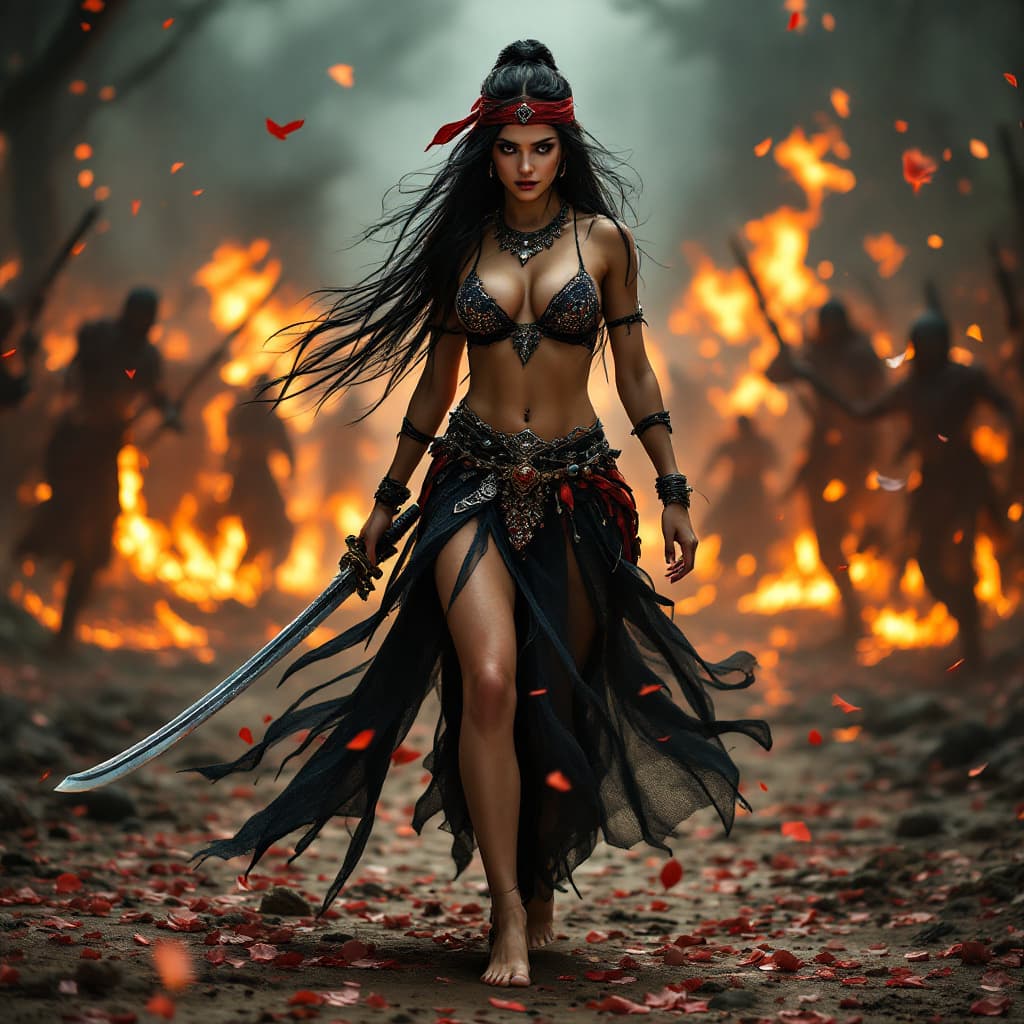 AI generated: Full body view of a woman, long black hair, red bandana, black jeweled bra, black long jeweled skirt...