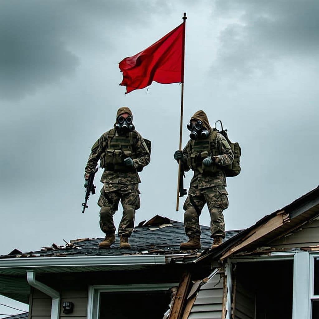 AI generated: Photo of two covered up soldiers with gas masks planting a pure red flag on top of an extremely dama...