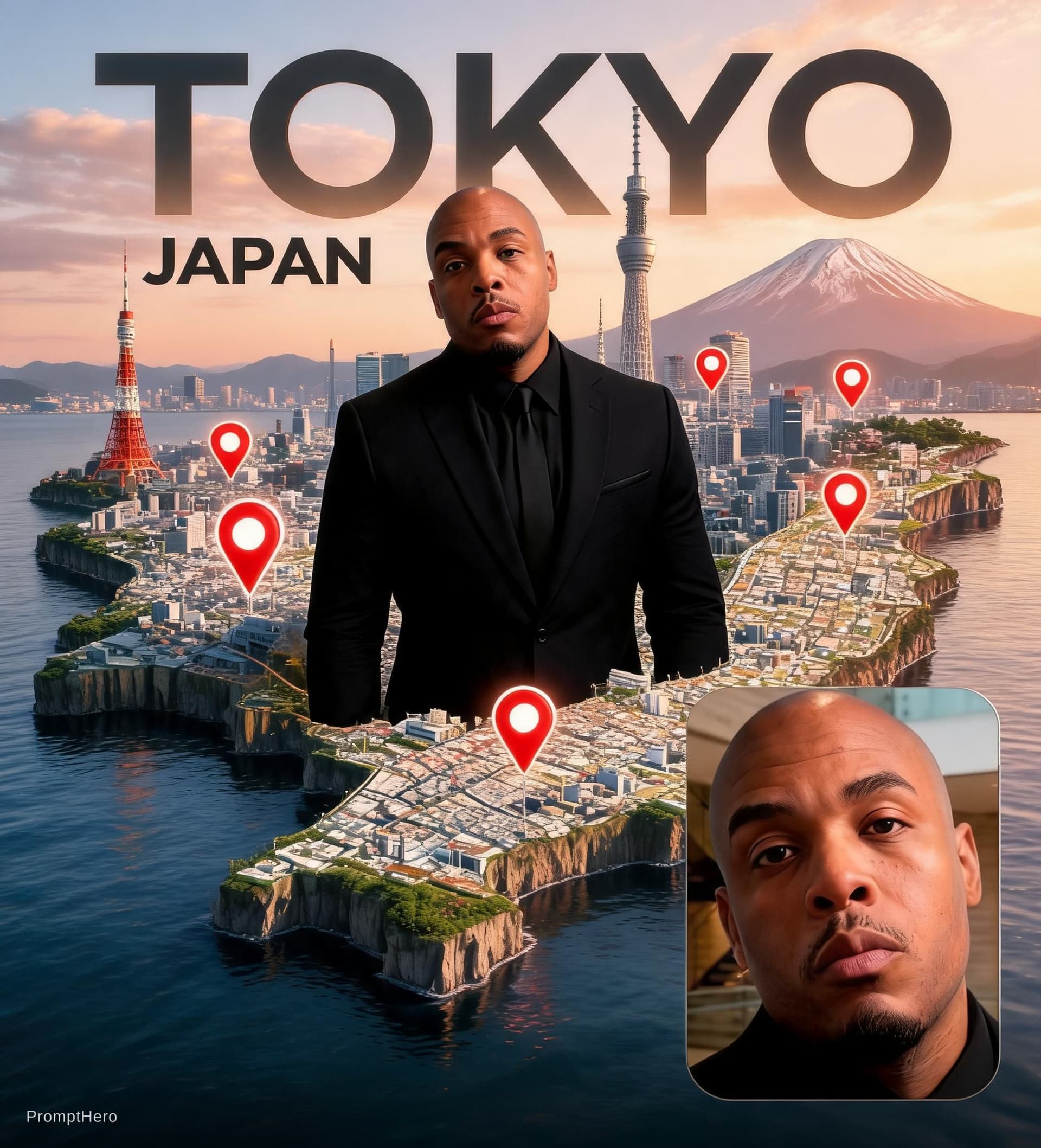 AI generated: Create a cinematic travel-poster style image using the uploaded person photo and the city name I pro...