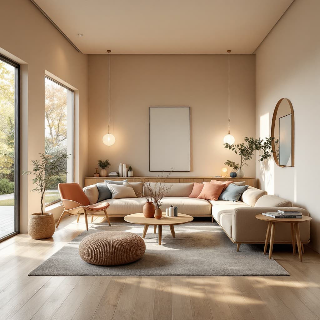 AI generated: High resolution photography interior design, dreamy sunken living room conversation pit, wooden floo...