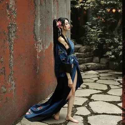 AI generated video: the woman leans against the wall looking at the viewer, puts one arm behind her head, rests the sole...