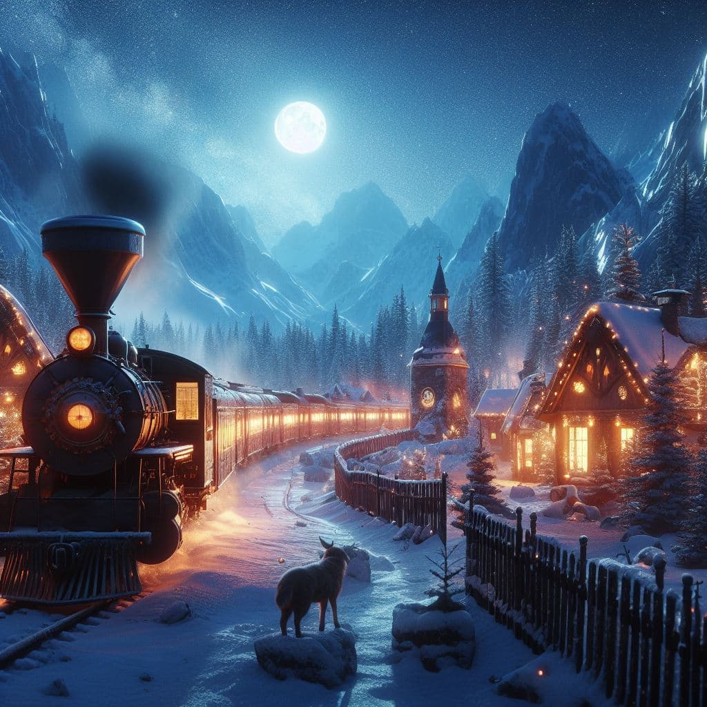 AI generated: Polar Express at the North Pole, Christmas village, photorealistic, shiny, ultrarealistic, uhd, 4k, ...
