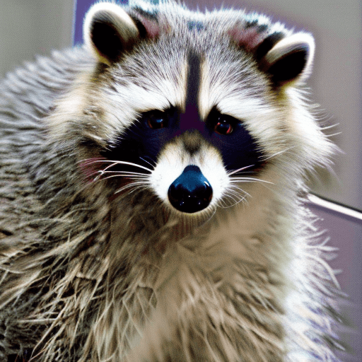 AI generated: raccoon, white hair, red eyes