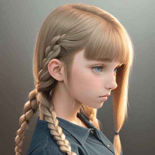 AI generated: young teen with half of her hair in a long braid the other side/half is a bob, she has bangs and is ...