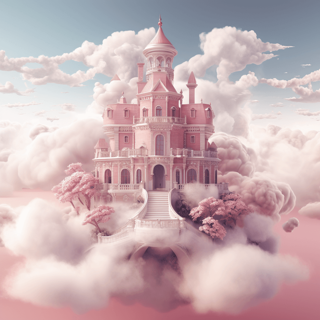 AI generated: Clouds and mist surround the pink palace in a 3D style, with a central composition and a head up vie...