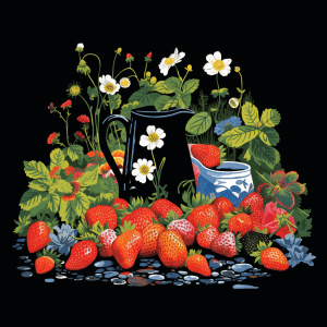 AI generated: T-shirt illustration, a strawberry, at a garden, with a watering can and gardening gloves, under blo...