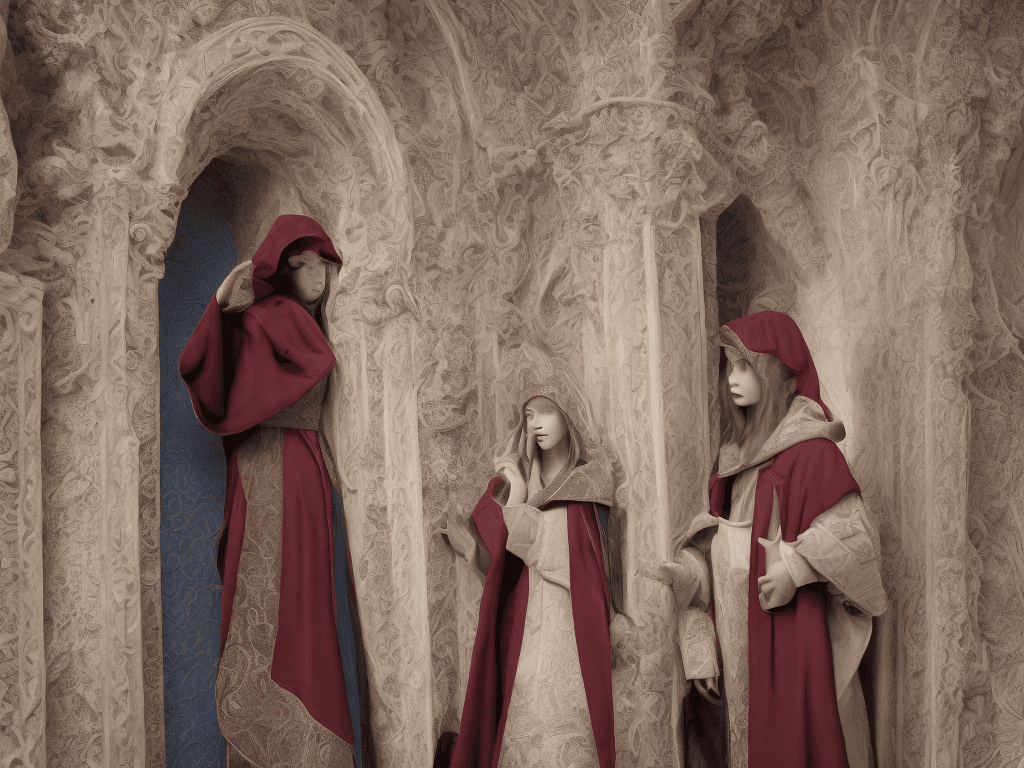 AI generated: 
High-resolution photography of with the focus one soprano singer a female monk in dark burgundy hig...