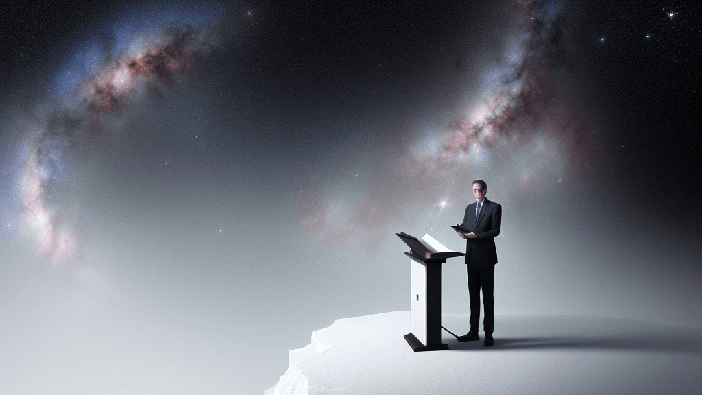 AI generated: a man standing at a lectern, teaching at the precipice of a white room that breaks away to show the ...