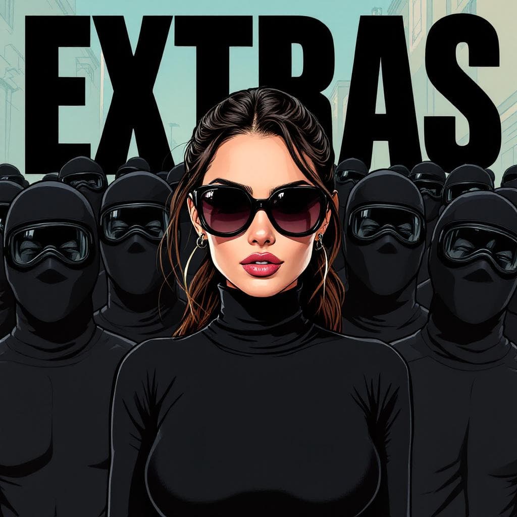 AI generated: Cartoon illustration, comic book cover featuring a gorgeous brunette Woman, ponytail hair, wearing a...
