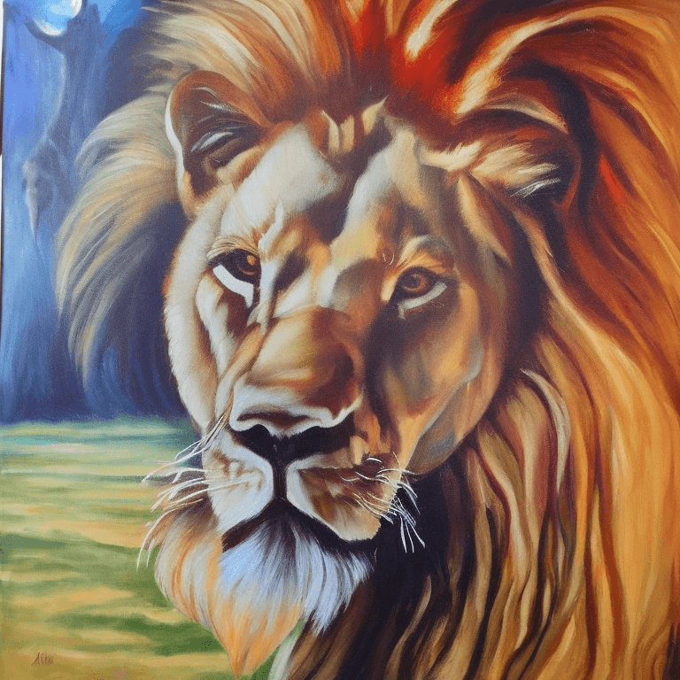 AI generated: [oil painting:1.2], [artistic], [masterpiece], a lion behind a baobab and the full moon bright the n...