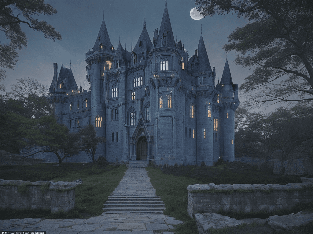 AI generated: a majestic castle situated in the foreground, bathed in the soft, ethereal glow of a full moon. The ...