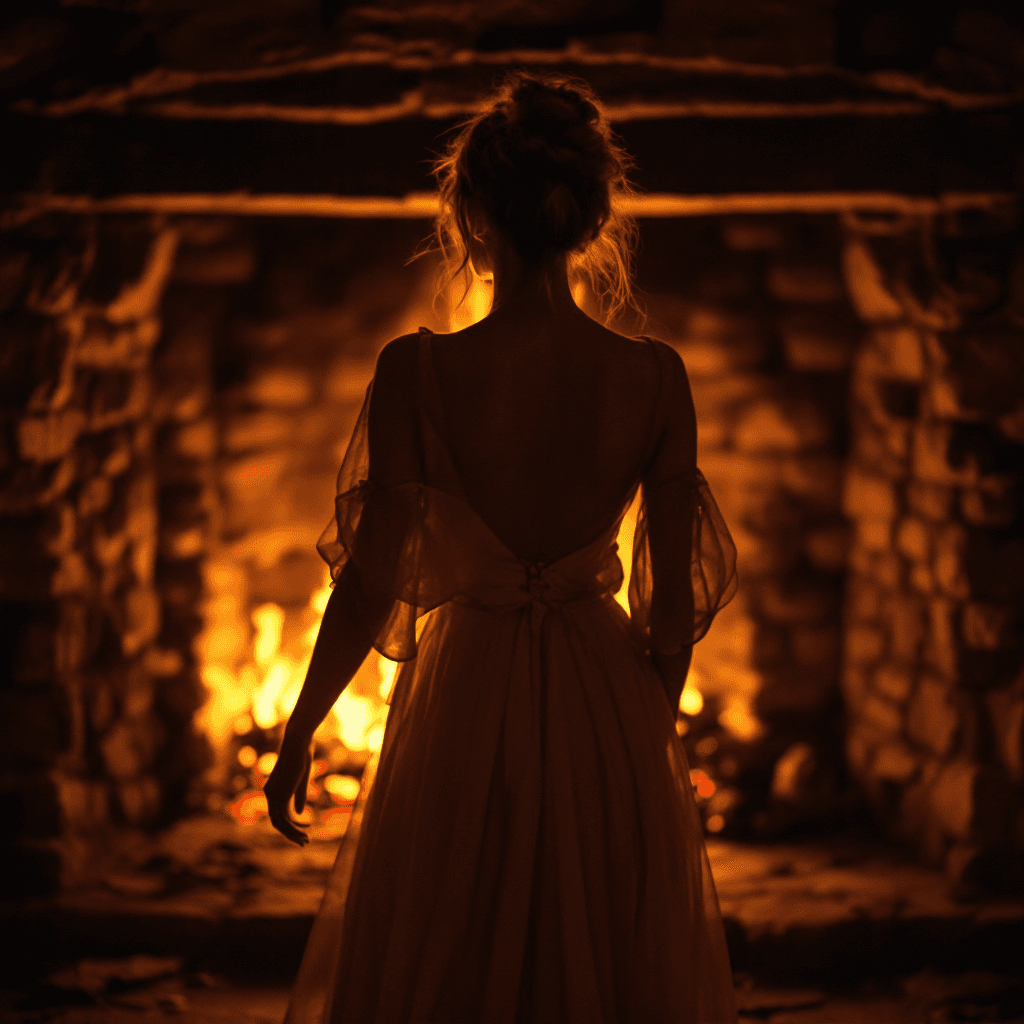 AI generated: The room is bathed in the soft, flickering glow of a roaring fire, its warmth radiating through the ...