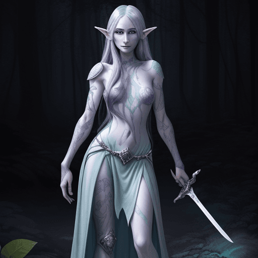 AI generated: full length shot. female half elf drow from dungeons and dragons, wearing full plate armor, marble s...