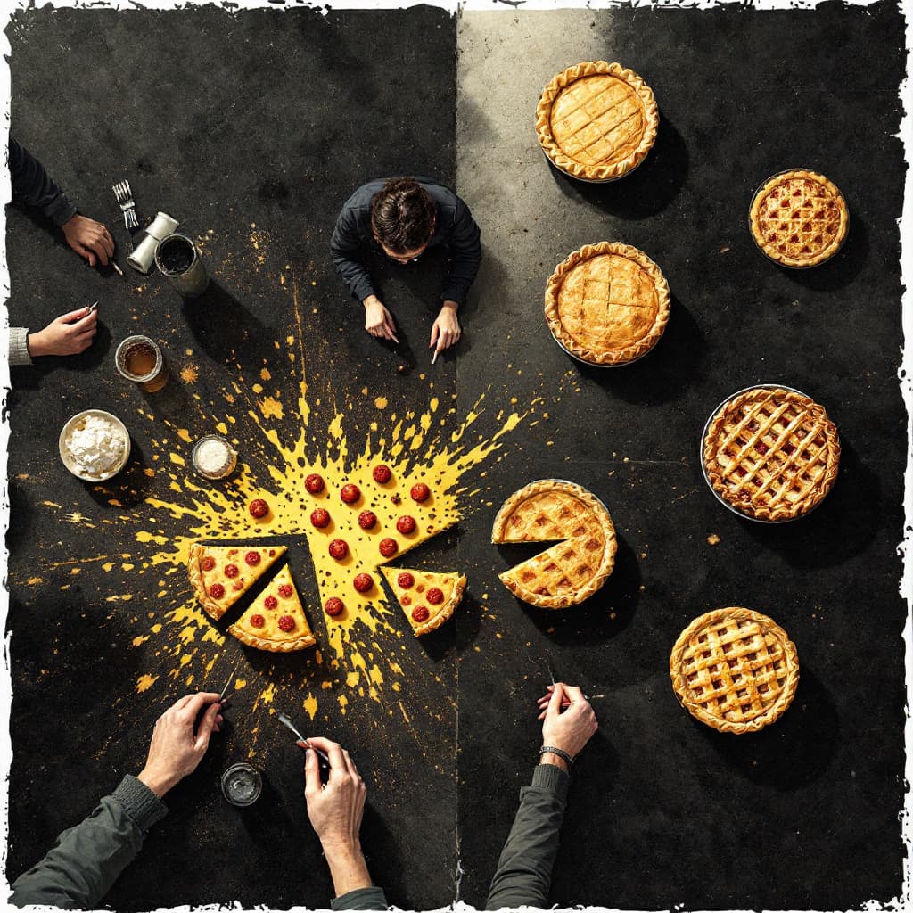 AI generated: I want images where there are so many people around focus on single normal eating pie (not charts) i...