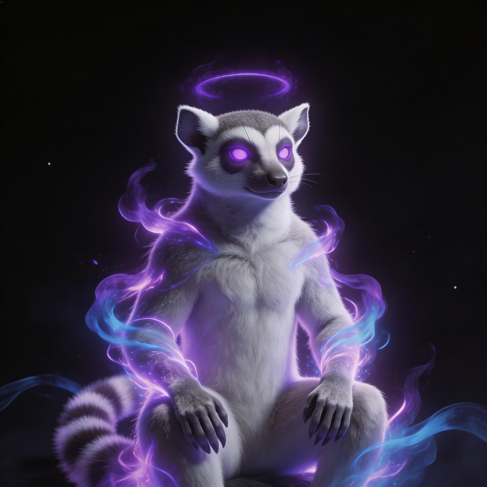 AI generated: create a lemur god of the void and nothingness with power flowing of him inside a void of nothingnes...