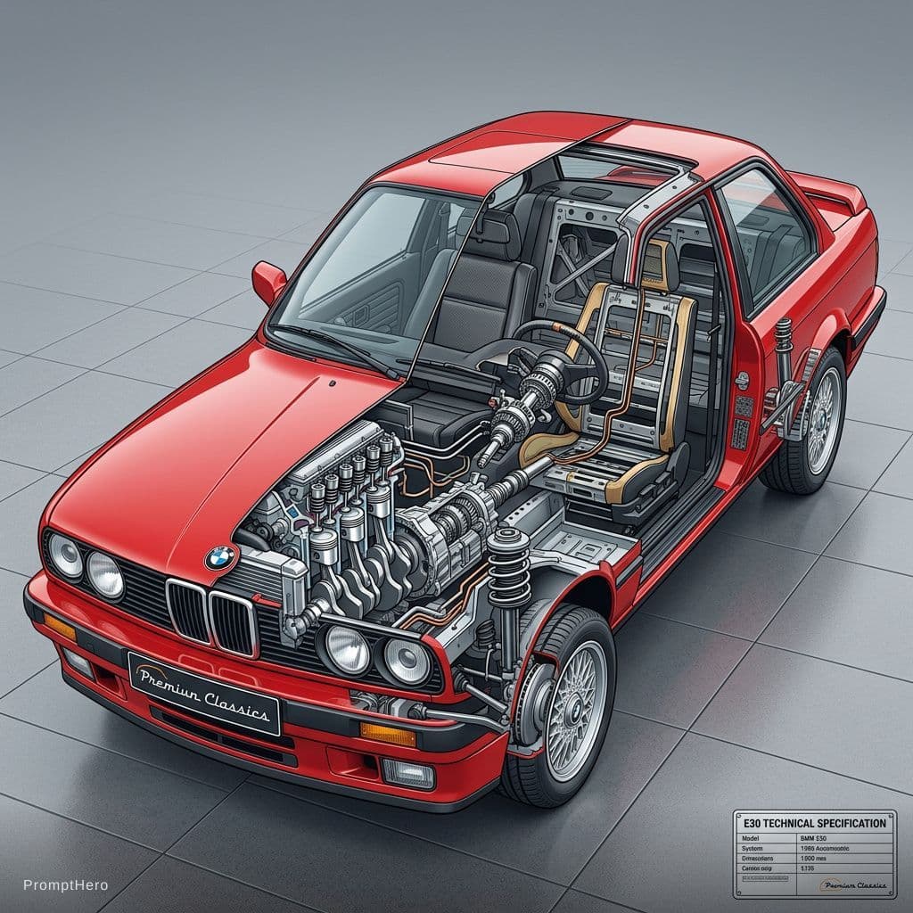 AI generated: "Professional automotive technical cutaway of a blue sedan, vertical cross-section, precise mechanic...