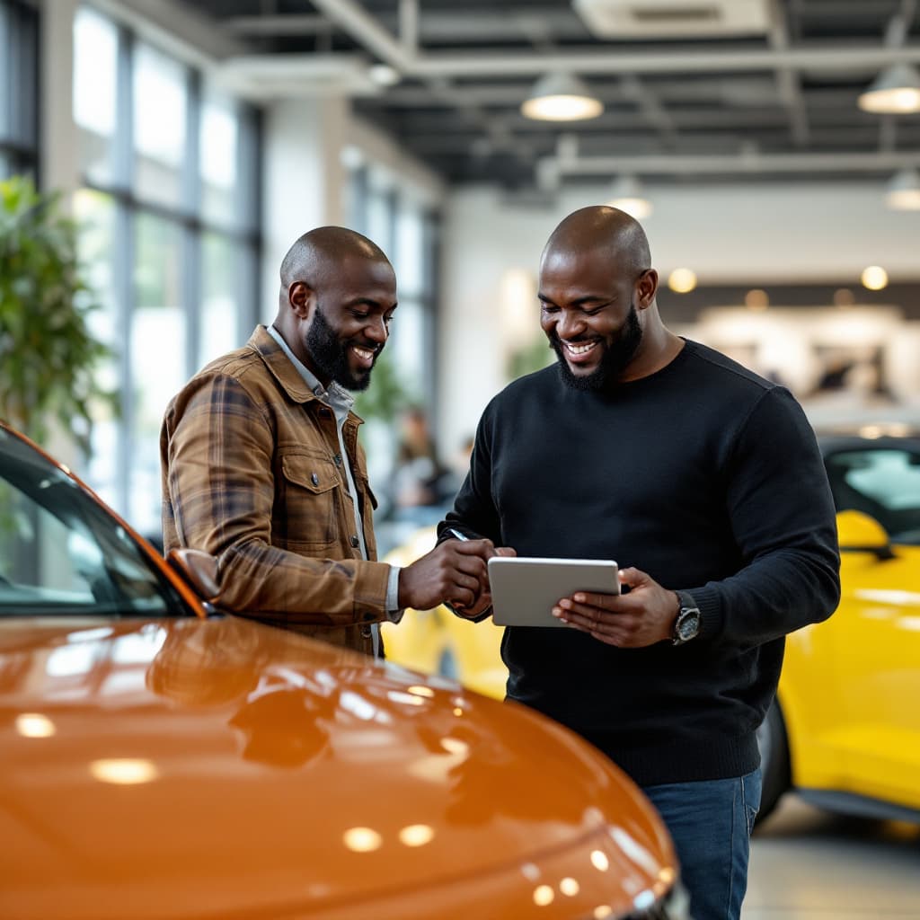AI generated: a black man purchasing a Ford Mustang from a dealership, beautiful dealership showroom, signing agre...