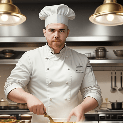 AI generated: An accomplished chef in a stark white uniform, passionately crafting culinary art in a bustling bras...