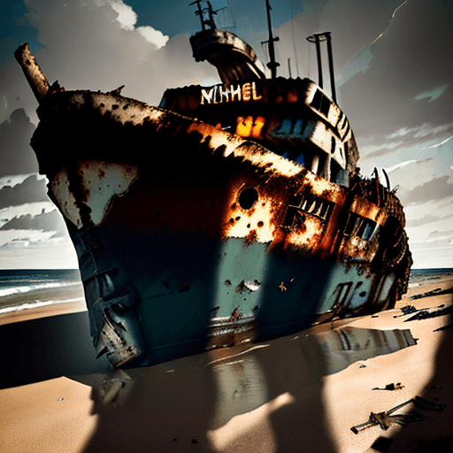 AI generated: in a Style of  russ mills, michael garmash, Generate an image of a dilapidated scrap ship, run agrou...