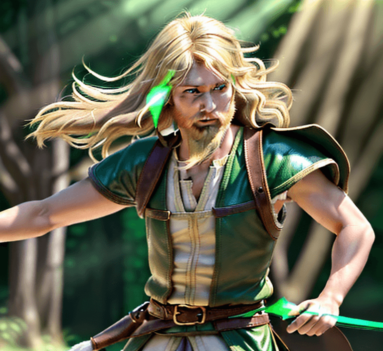 AI generated: high detailed professional upper body photo of a very young half-elf archer with shaggy blonde beard...